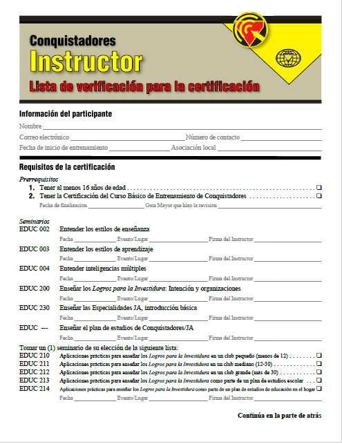 Lista de verificación de la certificación de instructor