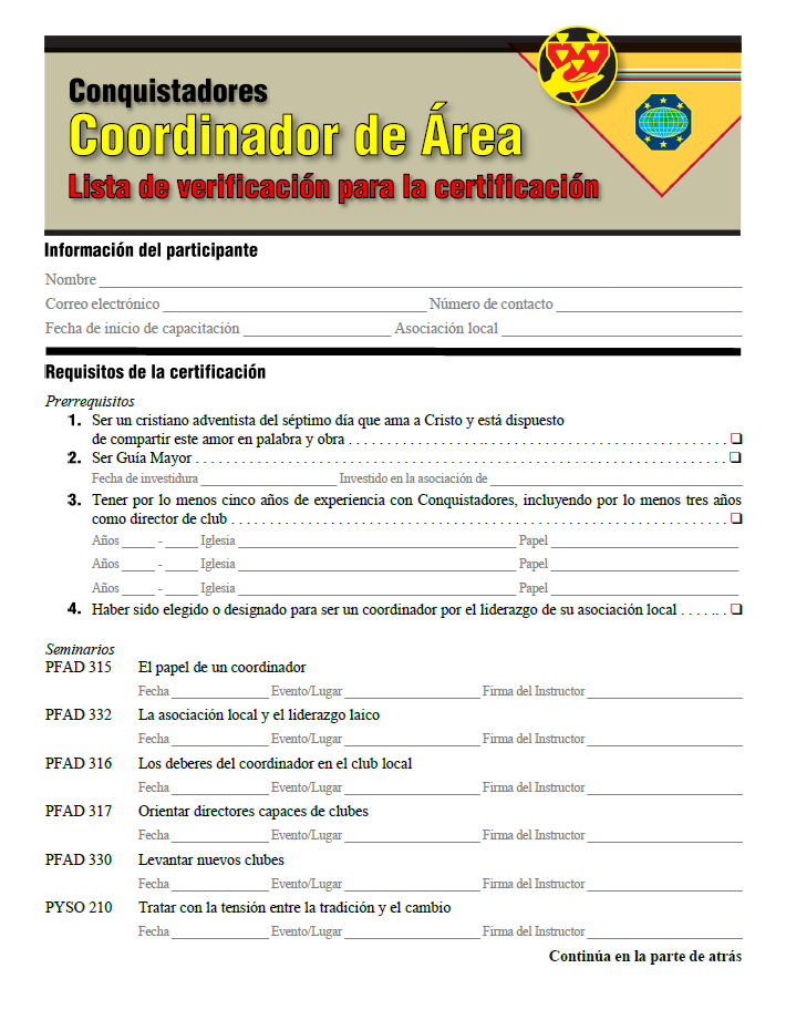 Lista de verificación de la certificación de Coordinador de Área